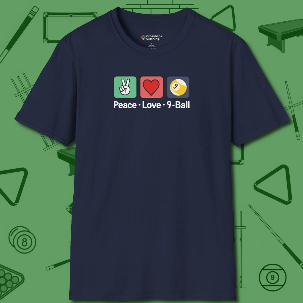 Peace Love Pool T-Shirt, in Navy color, billiards shirt, front view