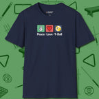 Peace Love Pool T-Shirt, in Navy color, billiards shirt, front view