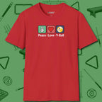 Peace Love Pool T-Shirt, in Red color, billiards shirt, front view