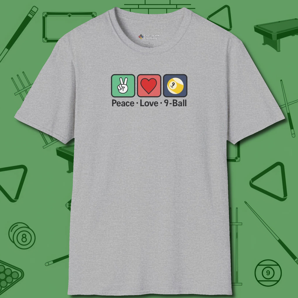 Peace Love Pool T-Shirt, in Sport Grey color, billiards shirt, front view