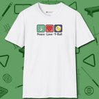 Peace Love Pool T-Shirt, in White color, billiards shirt, front view
