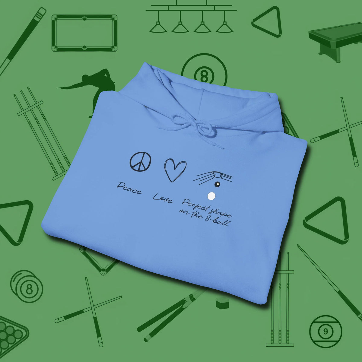 Peace Love And Perfect Shape Hoodie, folded view, in Carolina Blue precise, confident, always in control