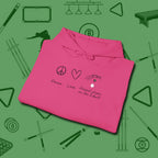 Peace Love And Perfect Shape Hoodie, folded view, in Heliconia poolroom style with tournament attitude