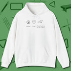 Peace Love And Perfect Shape Hoodie, front view, in White classic cue style, no gimmicks