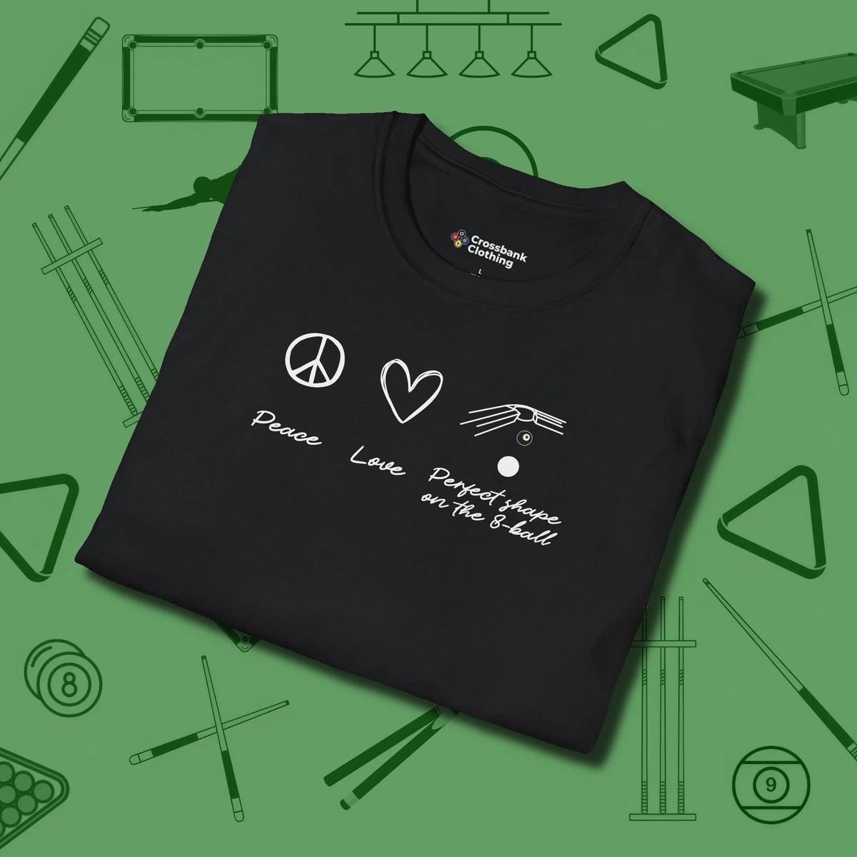 Peace Love And Perfect Shape T-Shirt, folded view, in Black dress for the shot you want to take