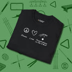 Peace Love And Perfect Shape T-Shirt, folded view, in Black dress for the shot you want to take