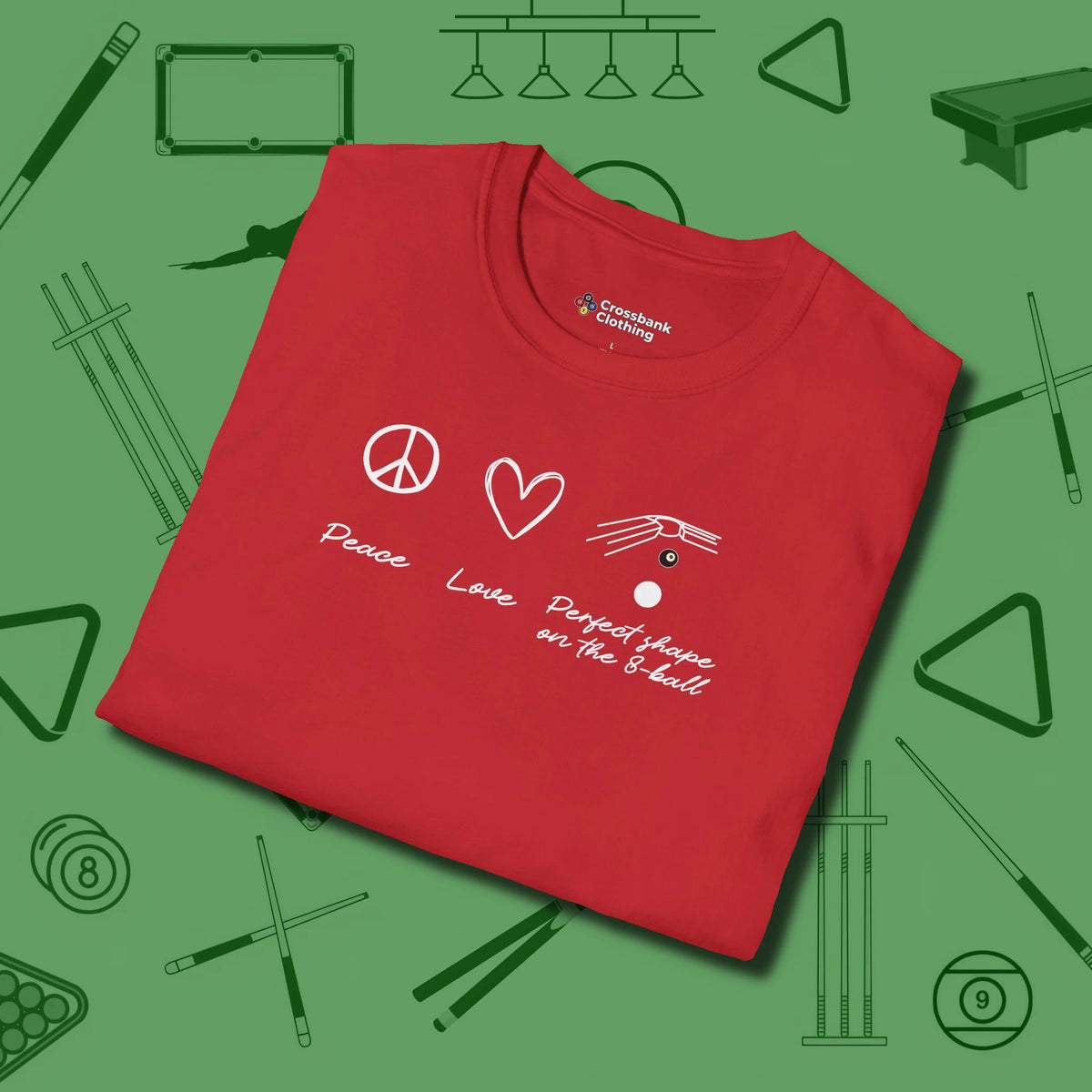 Peace Love And Perfect Shape T-Shirt, folded view, in Red fashion with break-and-run energy