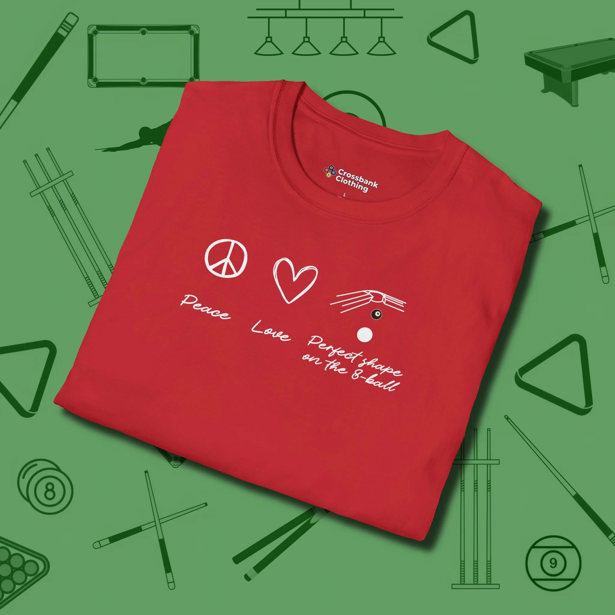 Peace Love And Perfect Shape T-Shirt, folded view, in Red fashion with break-and-run energy