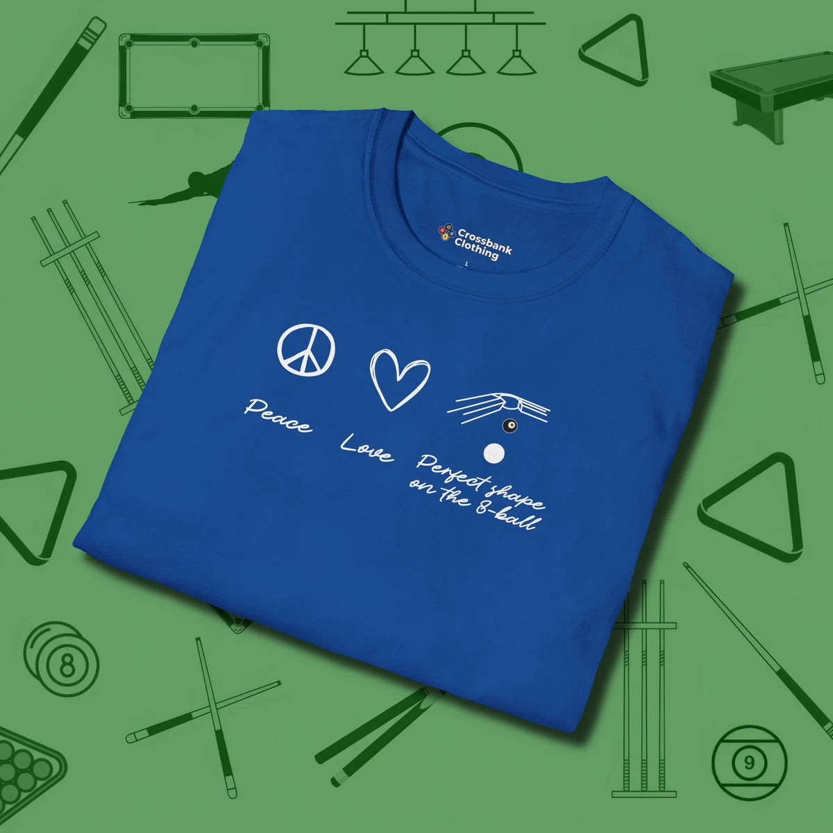 Peace Love And Perfect Shape T-Shirt, folded view, in Royal helps your stroke and your style
