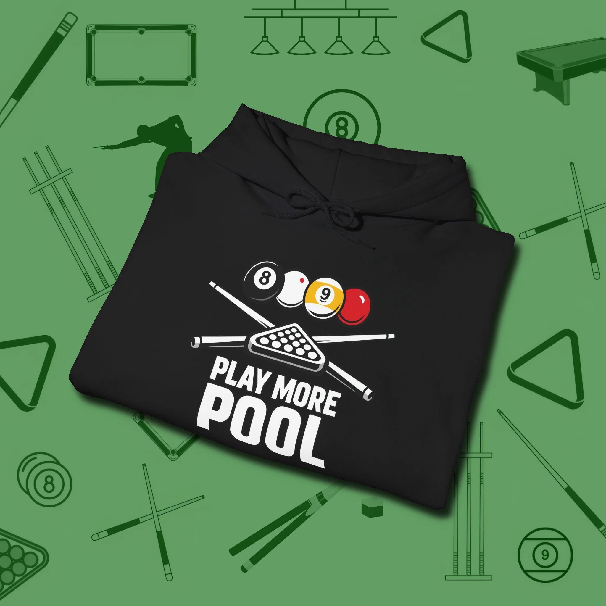 Play More Hoodie, folded view, in Black perfect for players with quiet fire