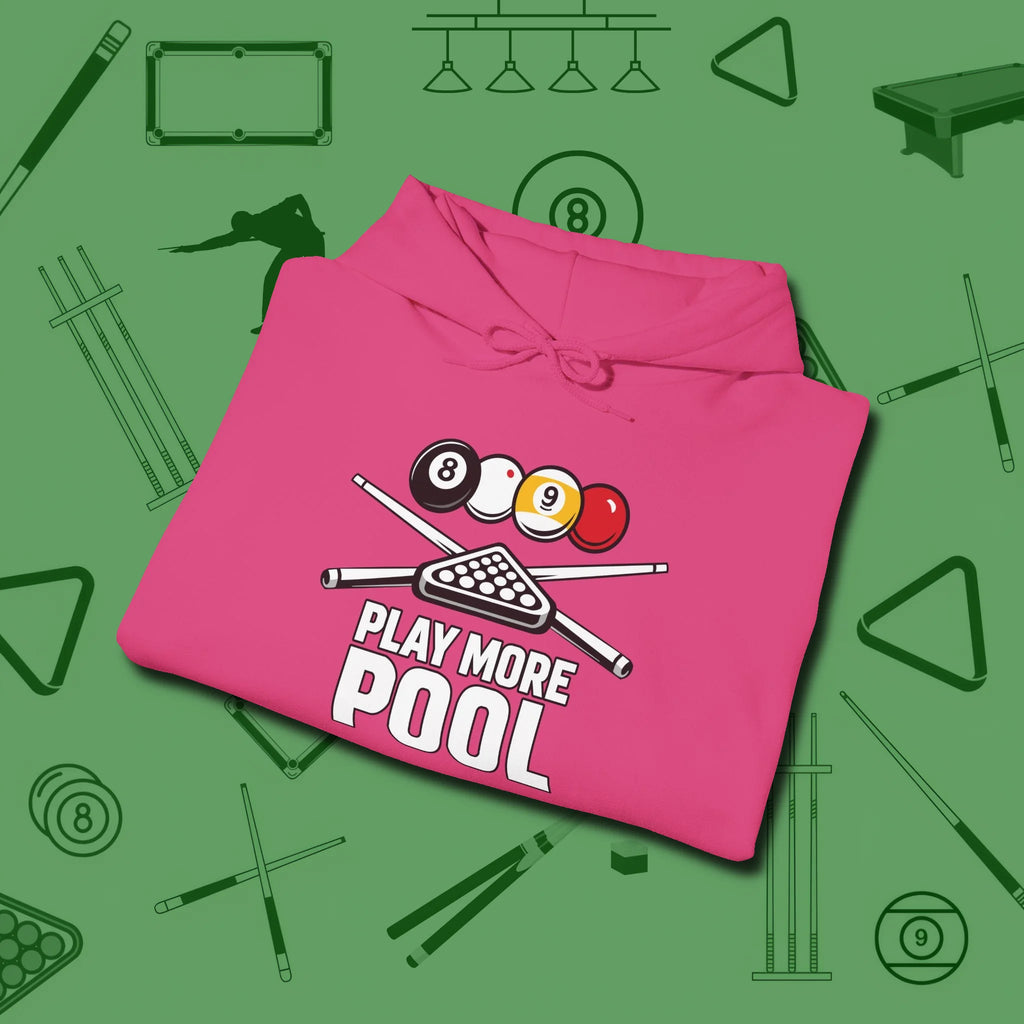 Play More Hoodie, folded view, in Heliconia because pool isn’t just a game — it’s who you are