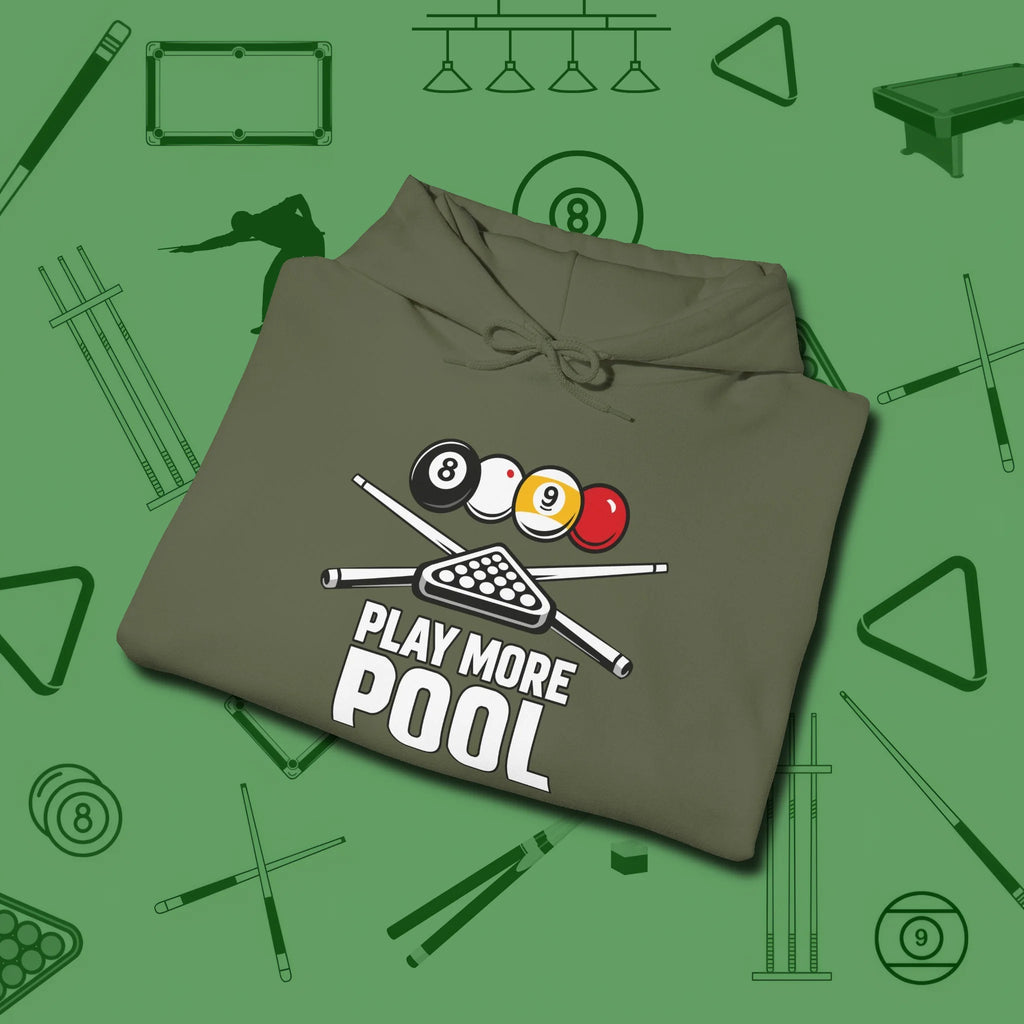 Play More Hoodie, folded view, in Military Green subtle drip for serious shooters