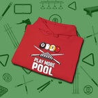 Play More Hoodie, folded view, in Red for players who live the game