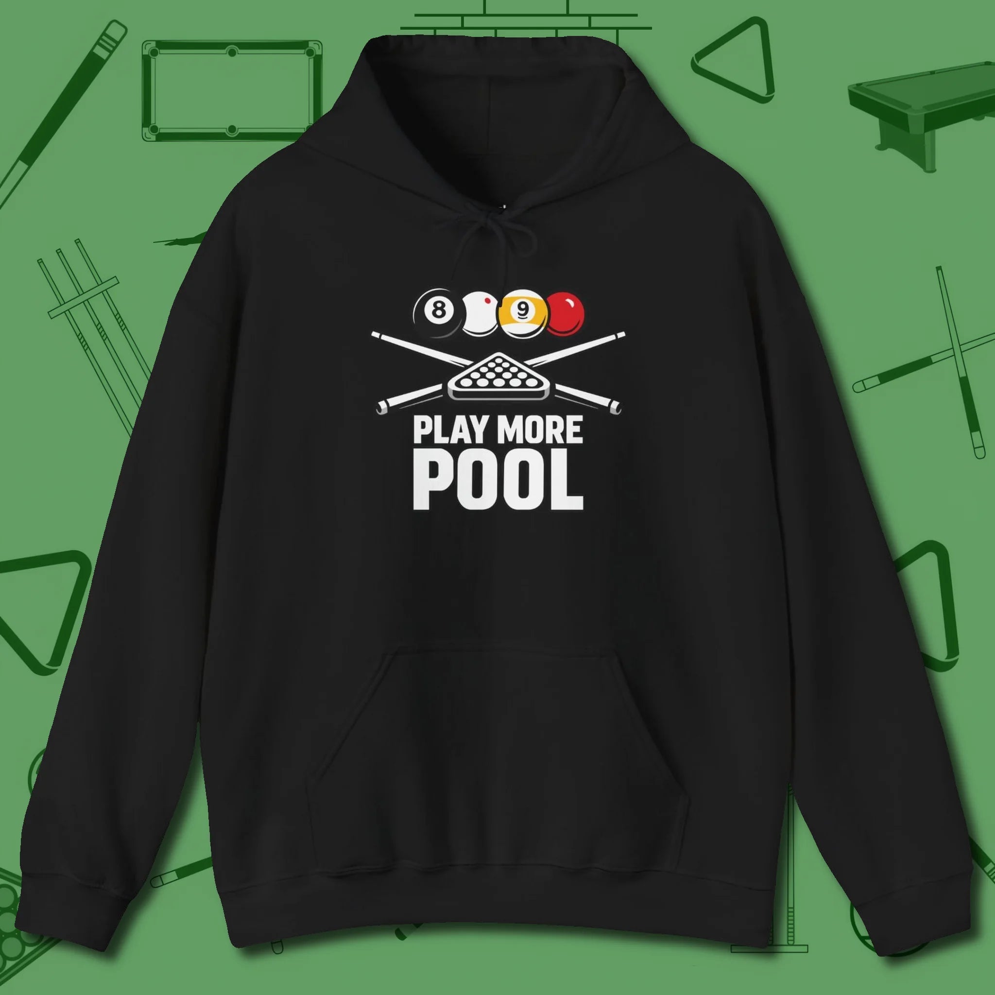 Play More Hoodie, front view, in Black as serious as your stroke