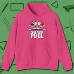 Play More Hoodie, front view, in Heliconia from chalk to clutch, look the part