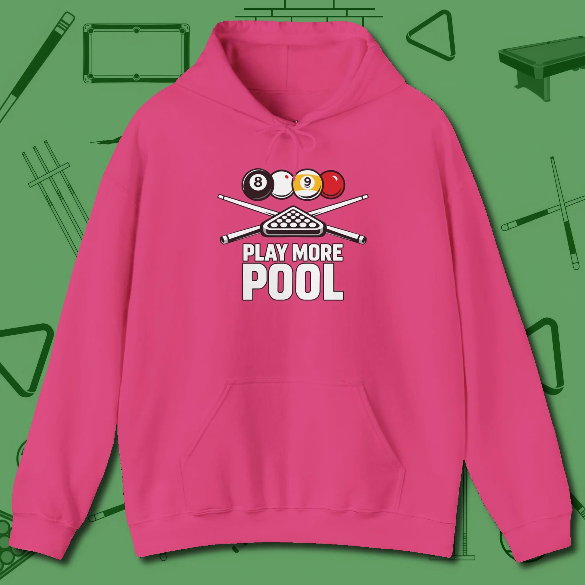 Play More Hoodie, front view, in Heliconia from chalk to clutch, look the part