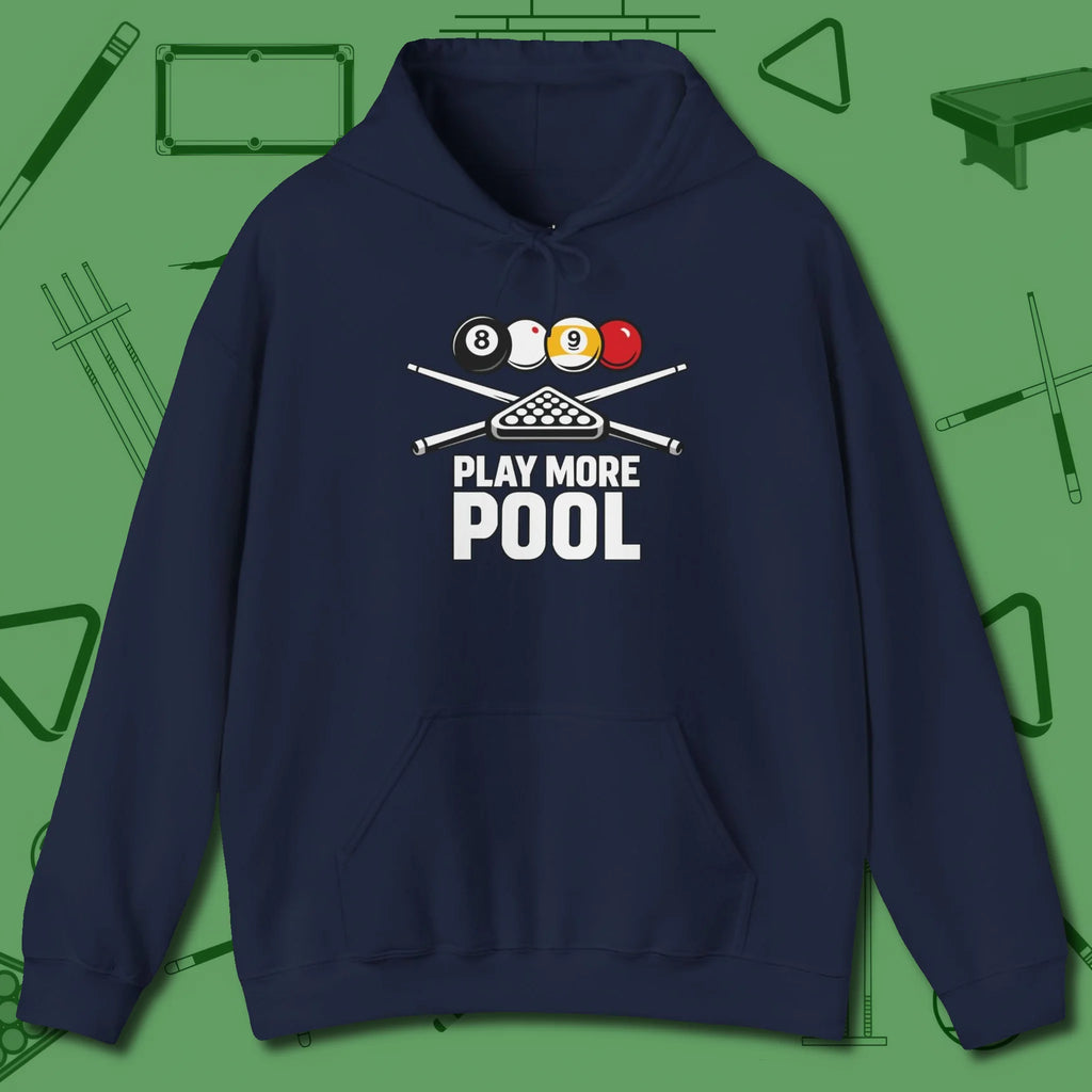 Play More Hoodie, front view, in Navy subtle drip for serious shooters
