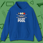 Play More Hoodie, front view, in Royal clean lines for dirty minds