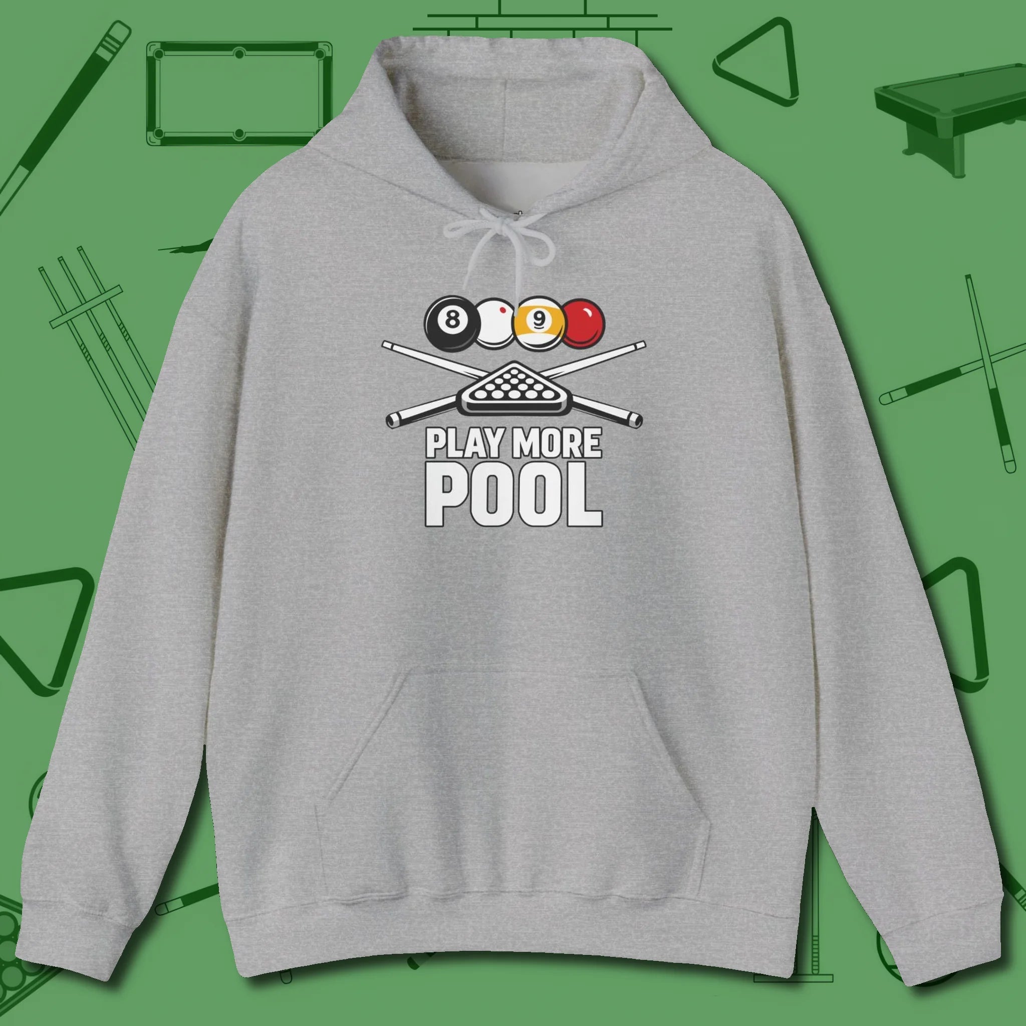 Play More Hoodie, front view, in Sport Grey because the table is your battlefield