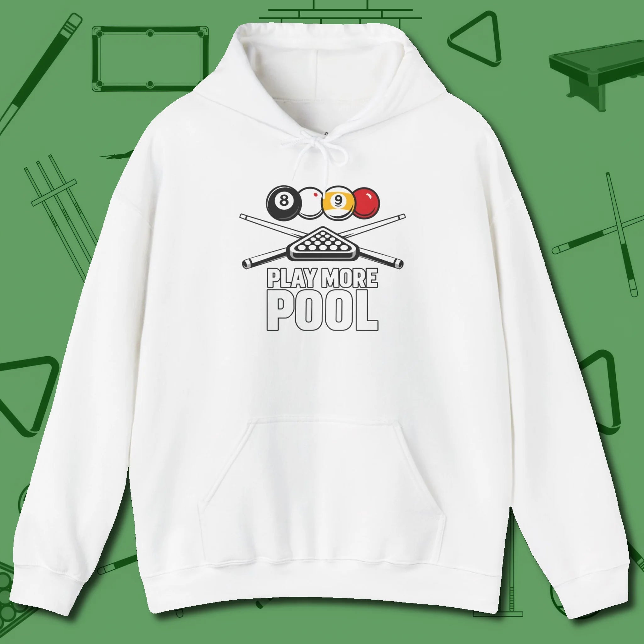 Play More Hoodie, front view, in White subtle drip for serious shooters