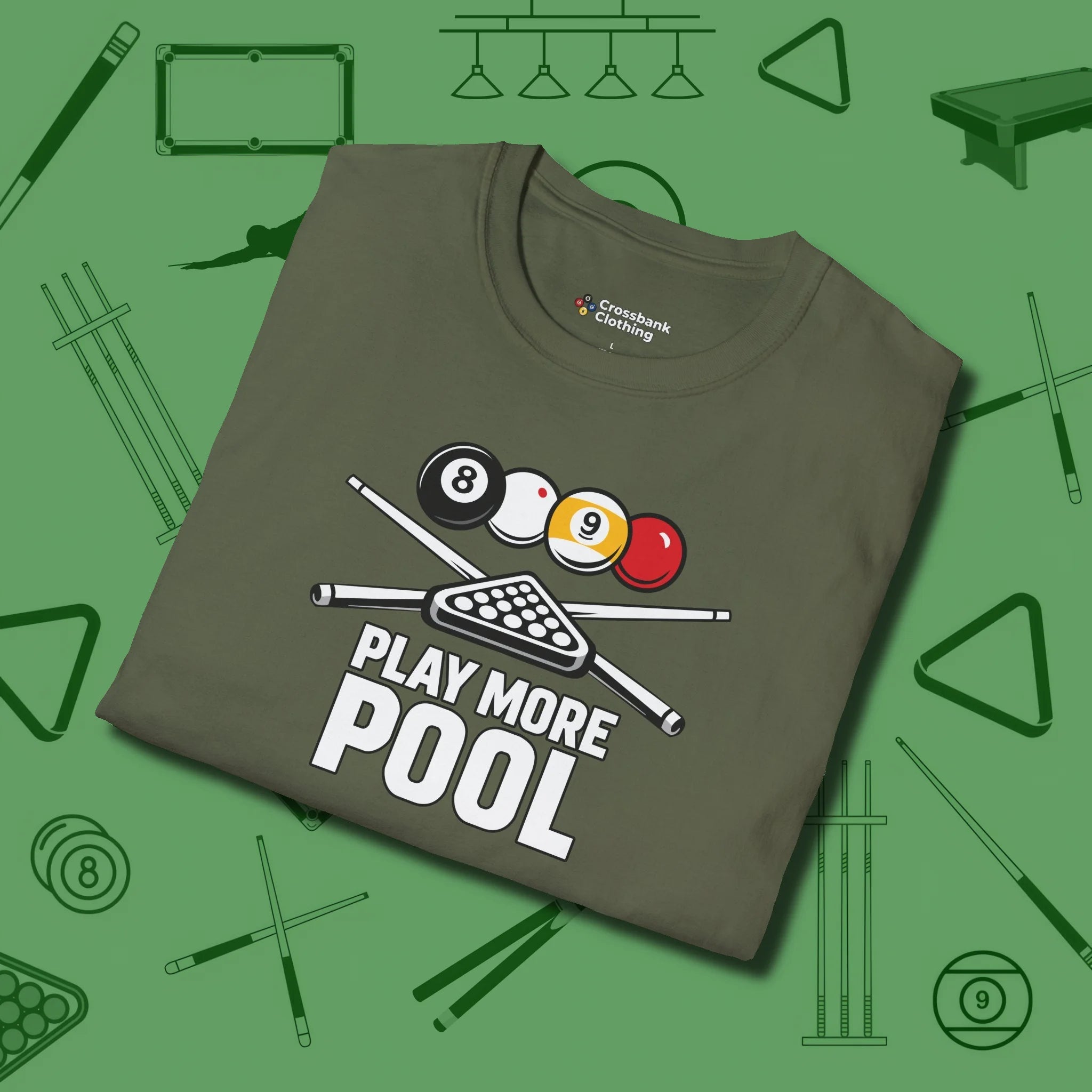Play More T-Shirt, folded view, in Military Green clean lines for dirty minds
