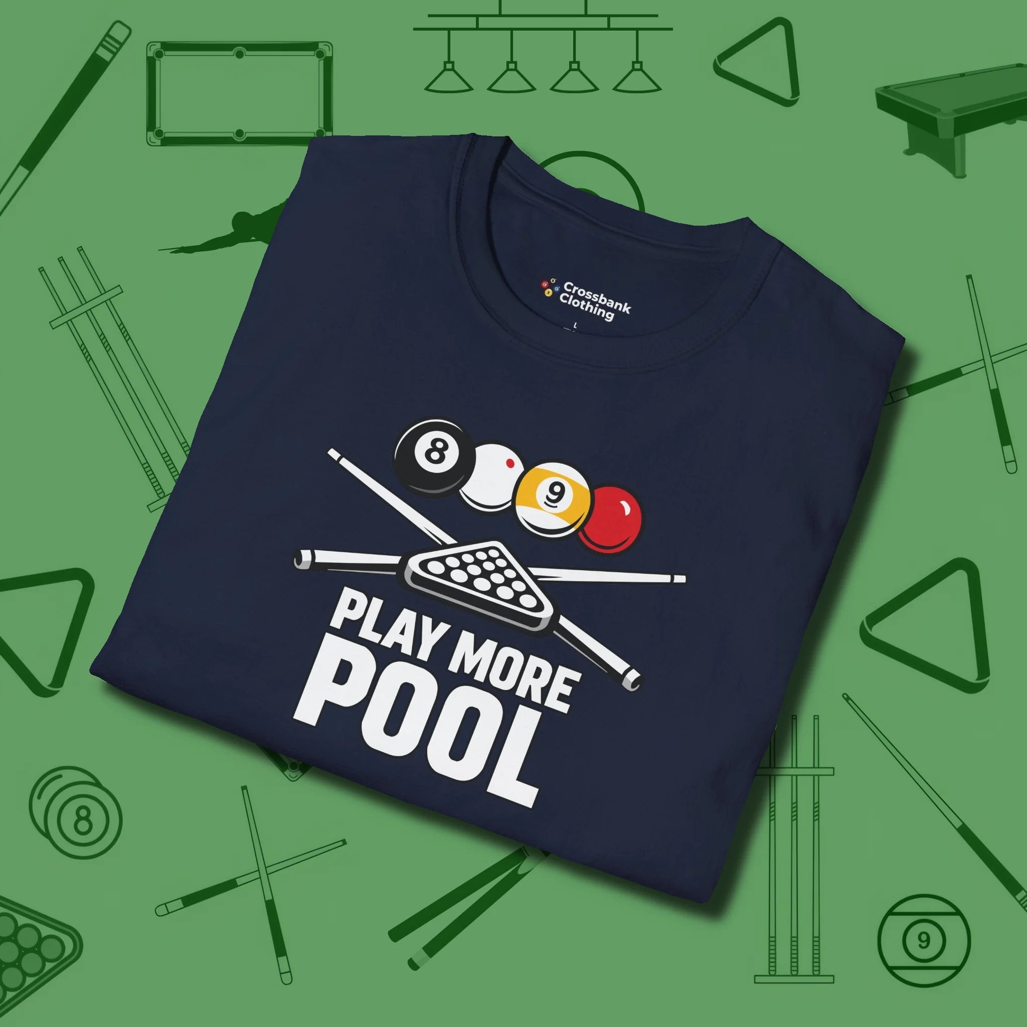 Play More T-Shirt, folded view, in Navy your go-to shirt for league night victories