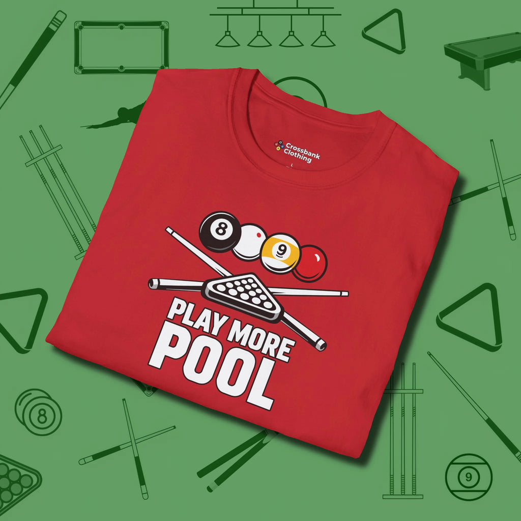 Play More T-Shirt, folded view, in Red subtle drip for serious shooters