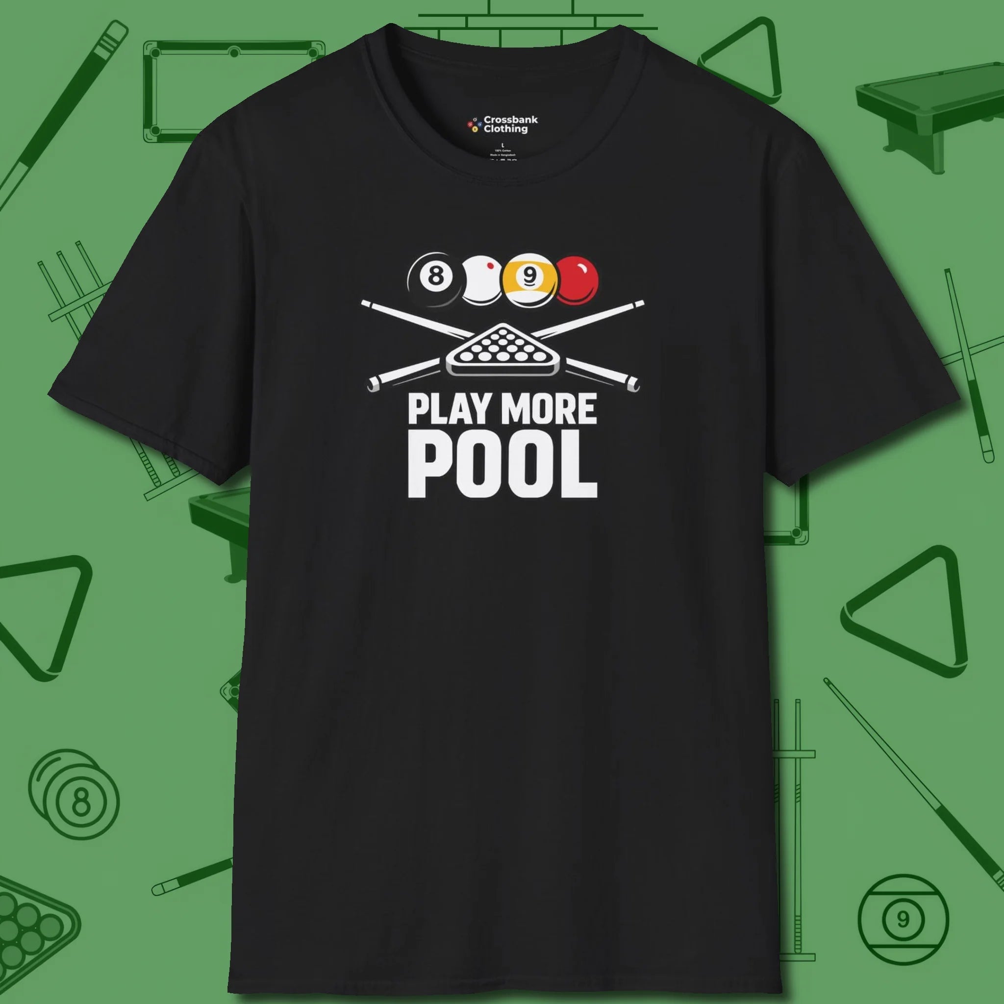 Play More T-Shirt, front view, in Black where cue control meets personal style