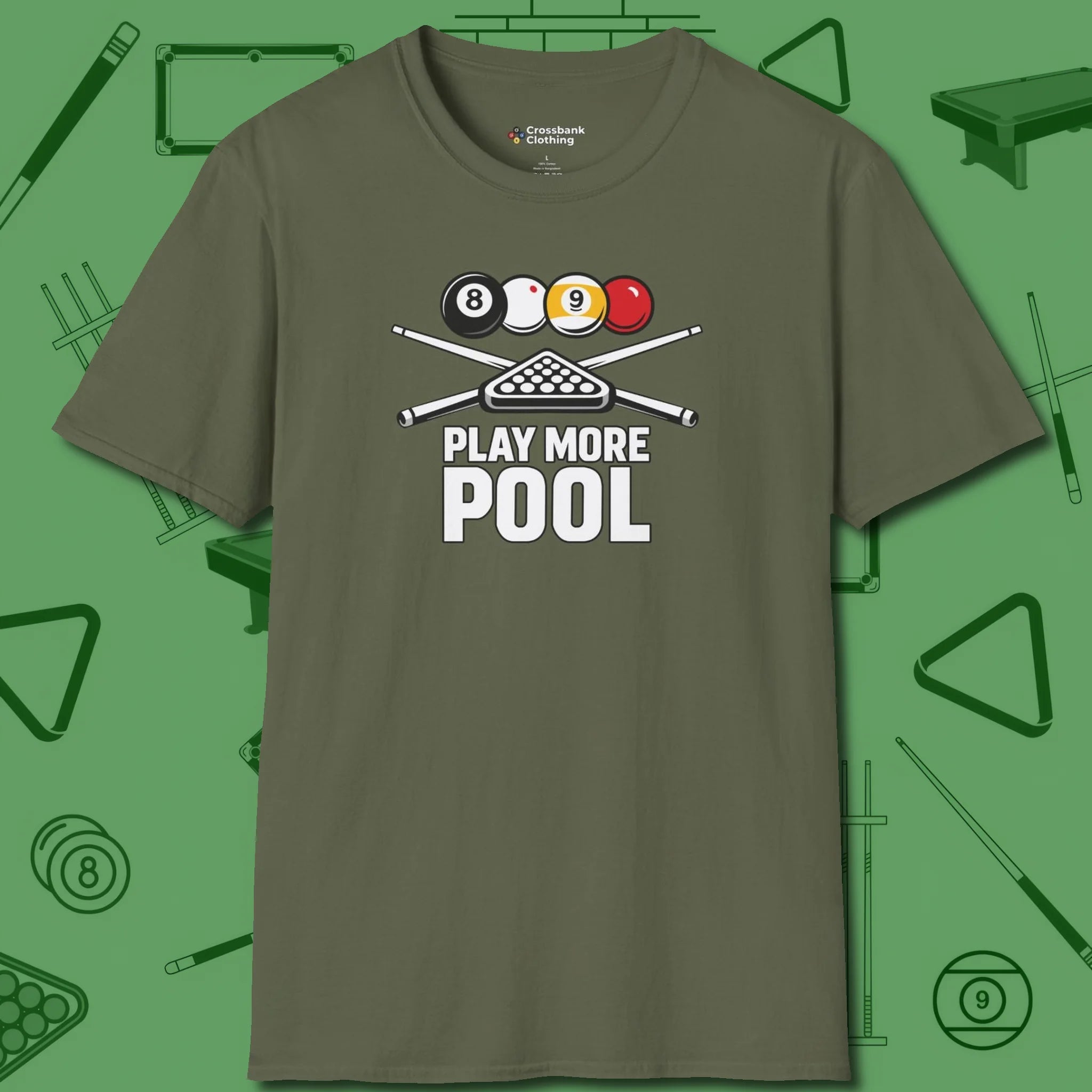 Play More T-Shirt, front view, in Military Green ideal for clean hits and clean fits