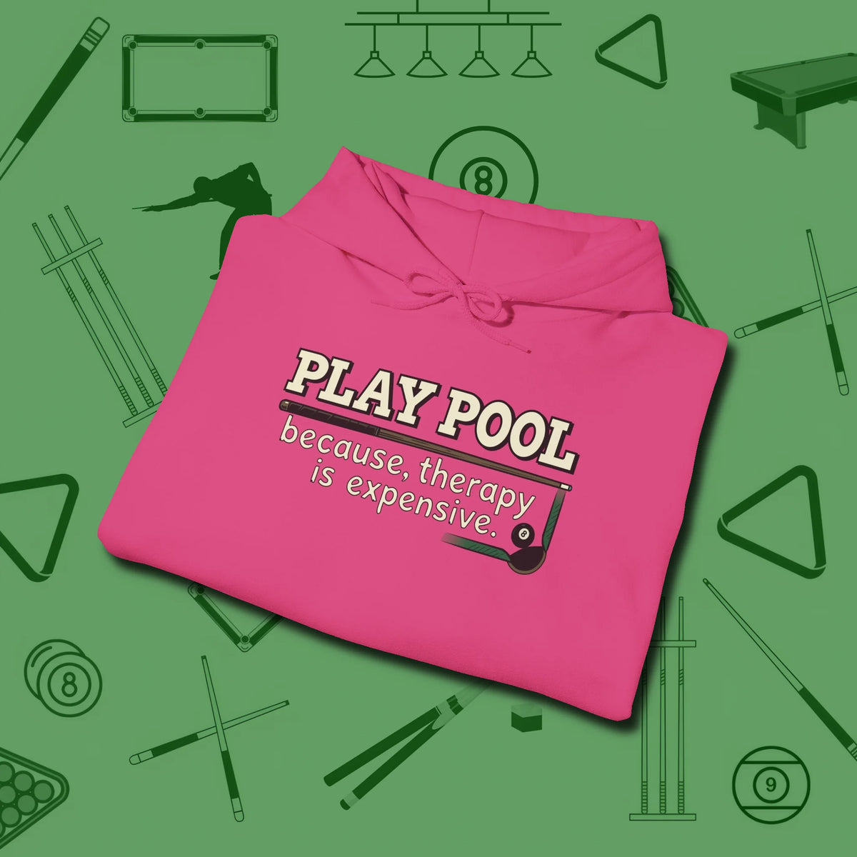 Play Therapy Hoodie, folded view, in Heliconia your go-to shirt for league night victories