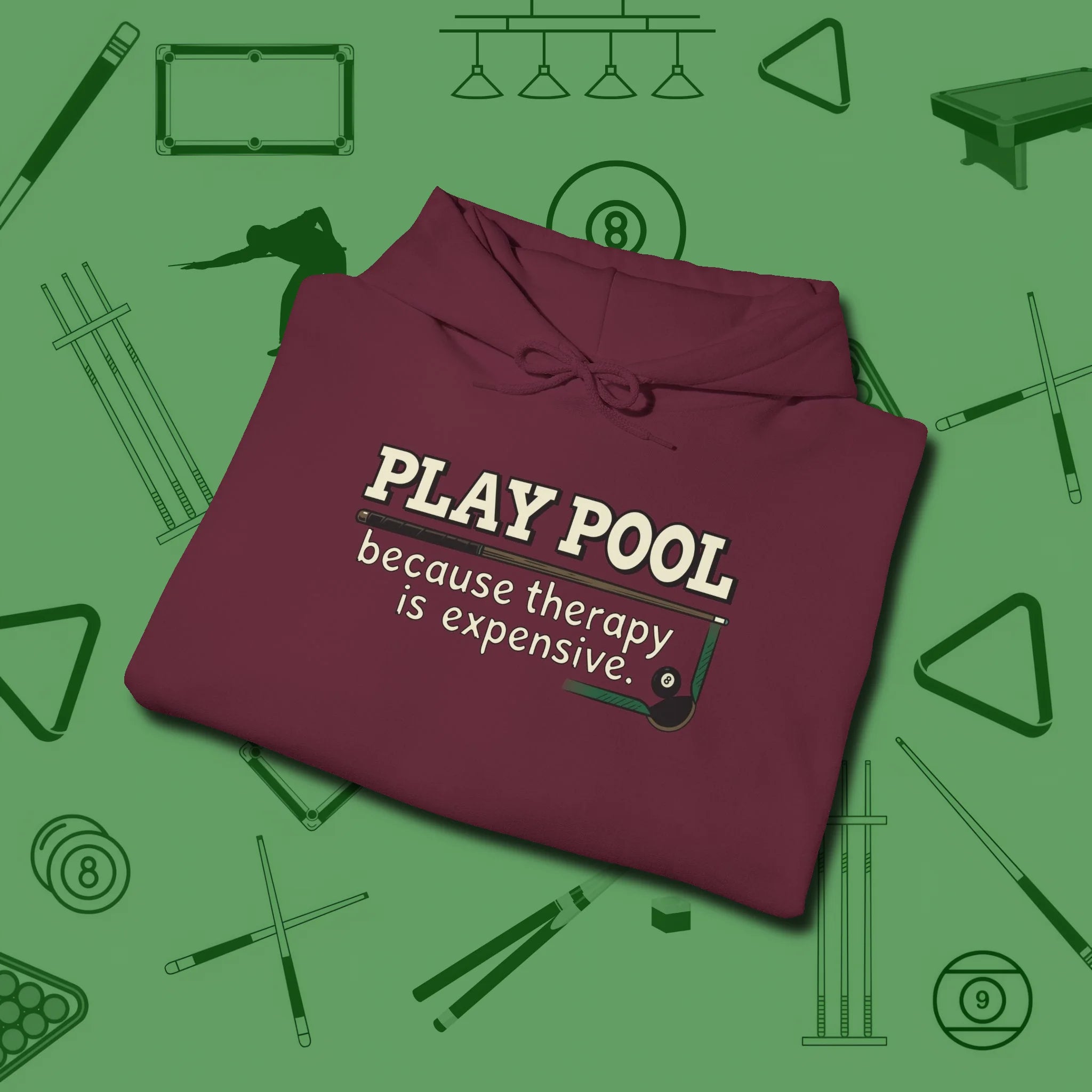 Play Therapy Hoodie, folded view, in Maroon clean lines for dirty minds
