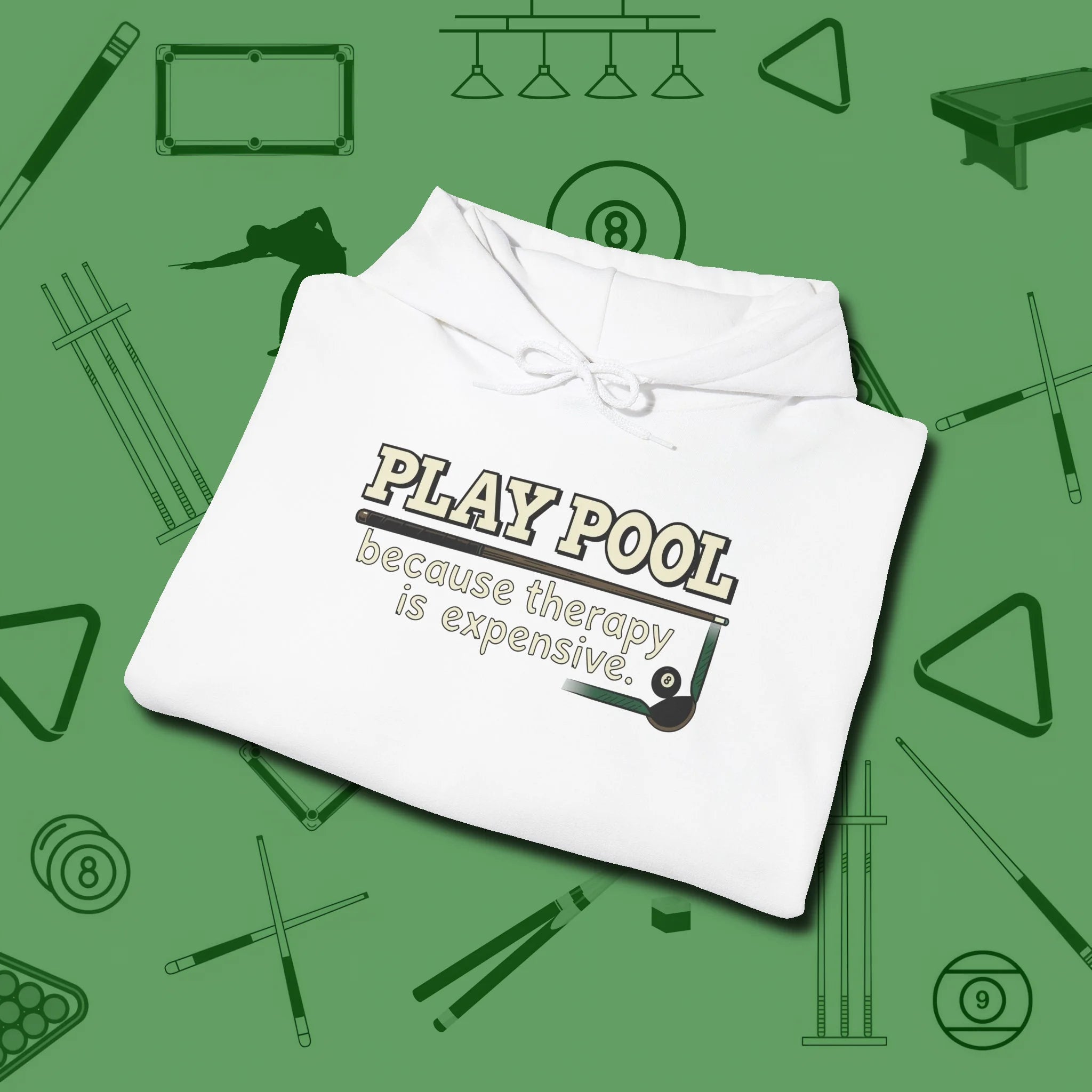 Play Therapy Hoodie, folded view, in White stitched for cue discipline and cool confidence