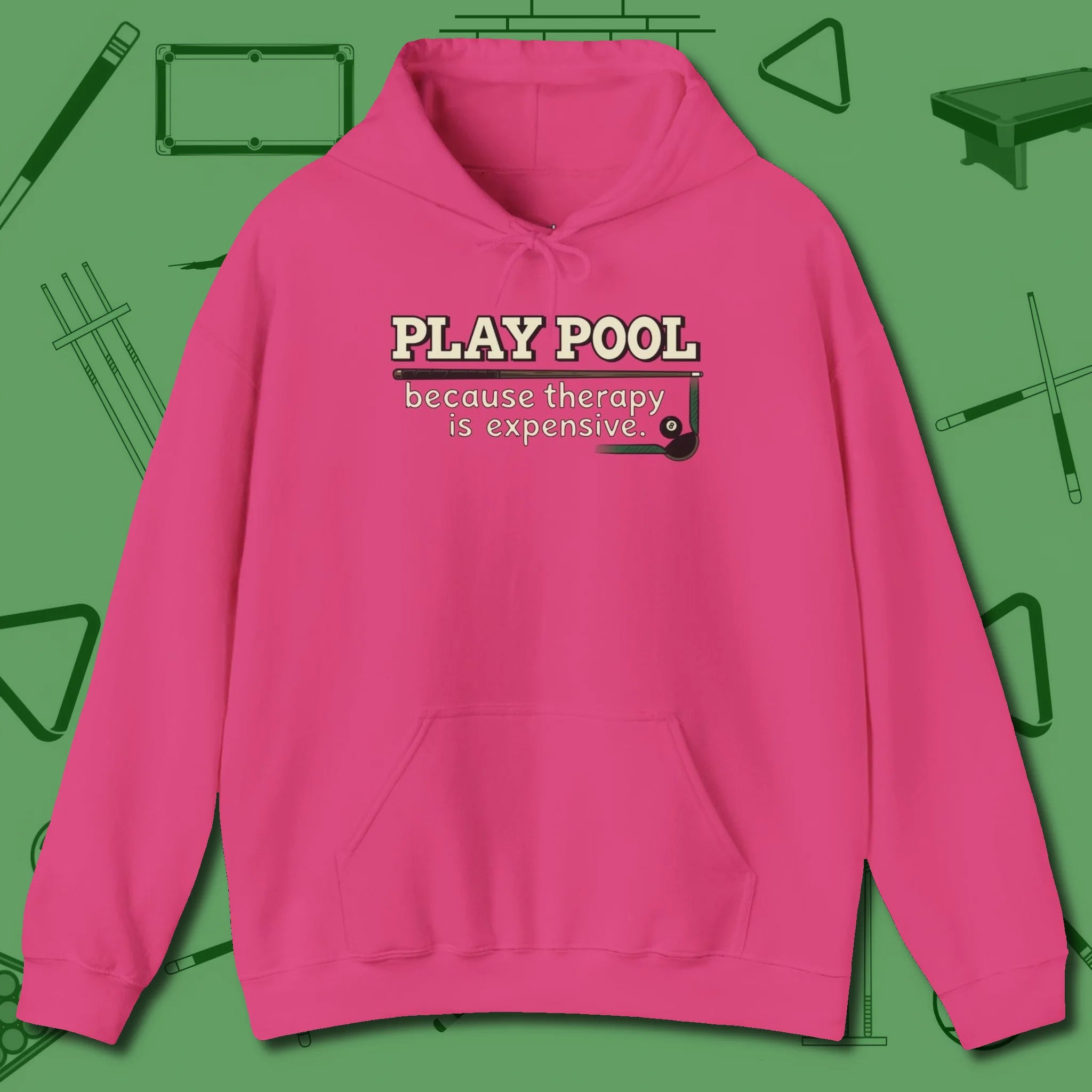Play Therapy Hoodie, front view, in Heliconia break, run out, turn heads — repeat
