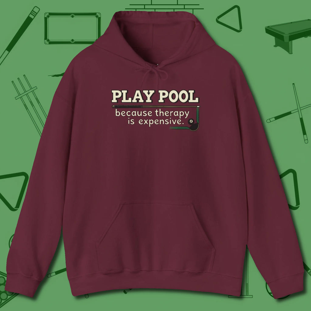 Play Therapy Hoodie, front view, in Maroon cool enough for a corner pocket finish