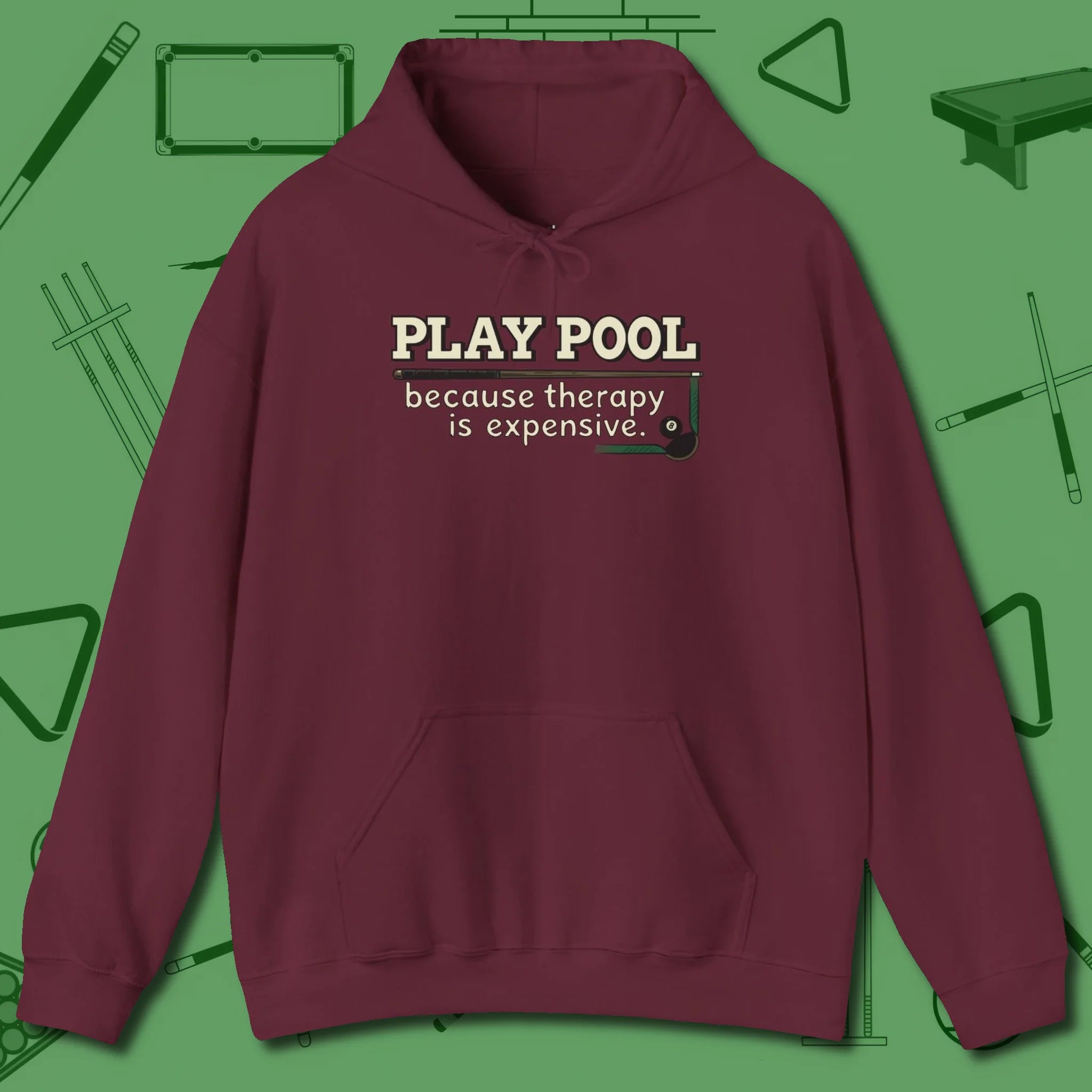 Play Therapy Hoodie, front view, in Maroon cool enough for a corner pocket finish