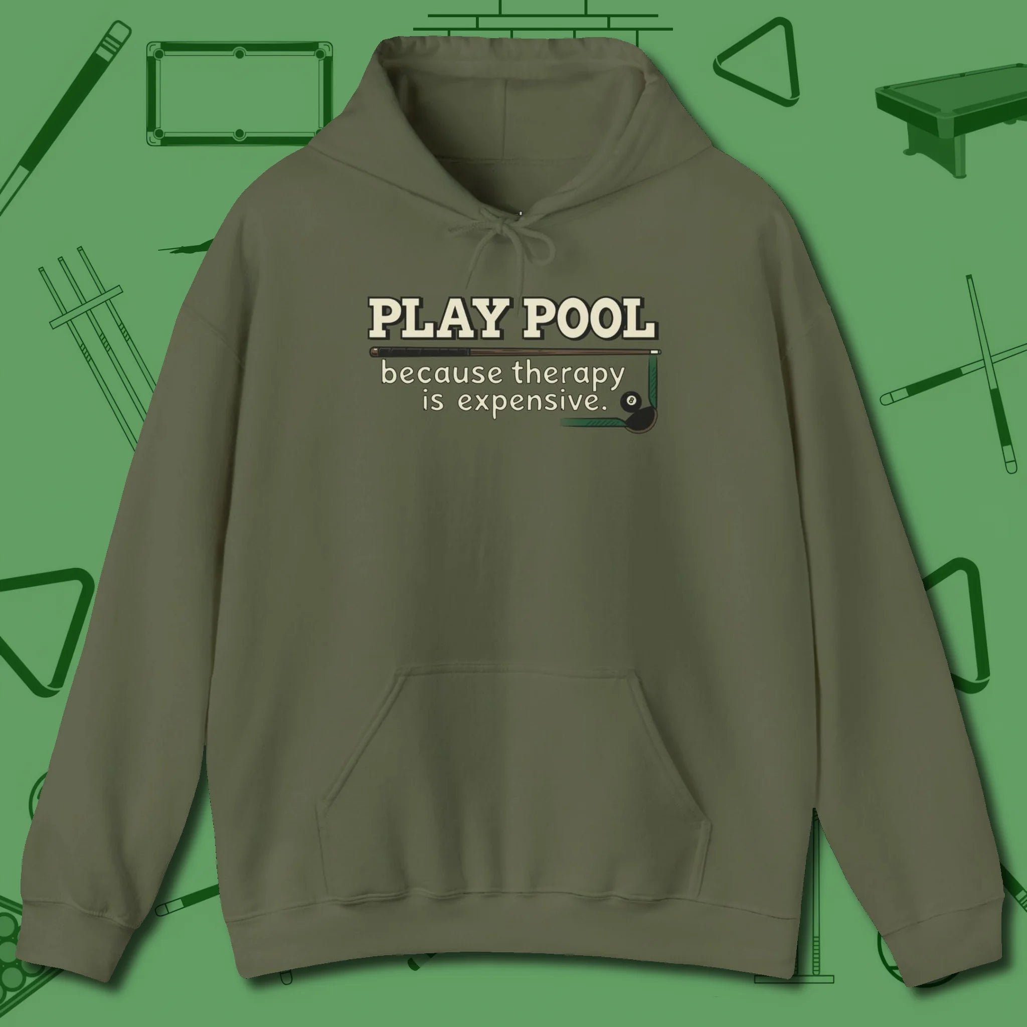 Play Therapy Hoodie, front view, in Military Green dress for the shot you want to take