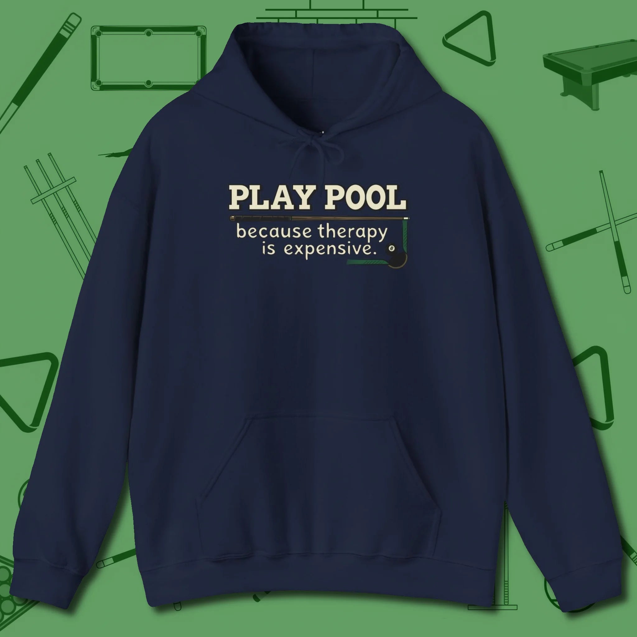 Play Therapy Hoodie, front view, in Navy attitude built for the long haul