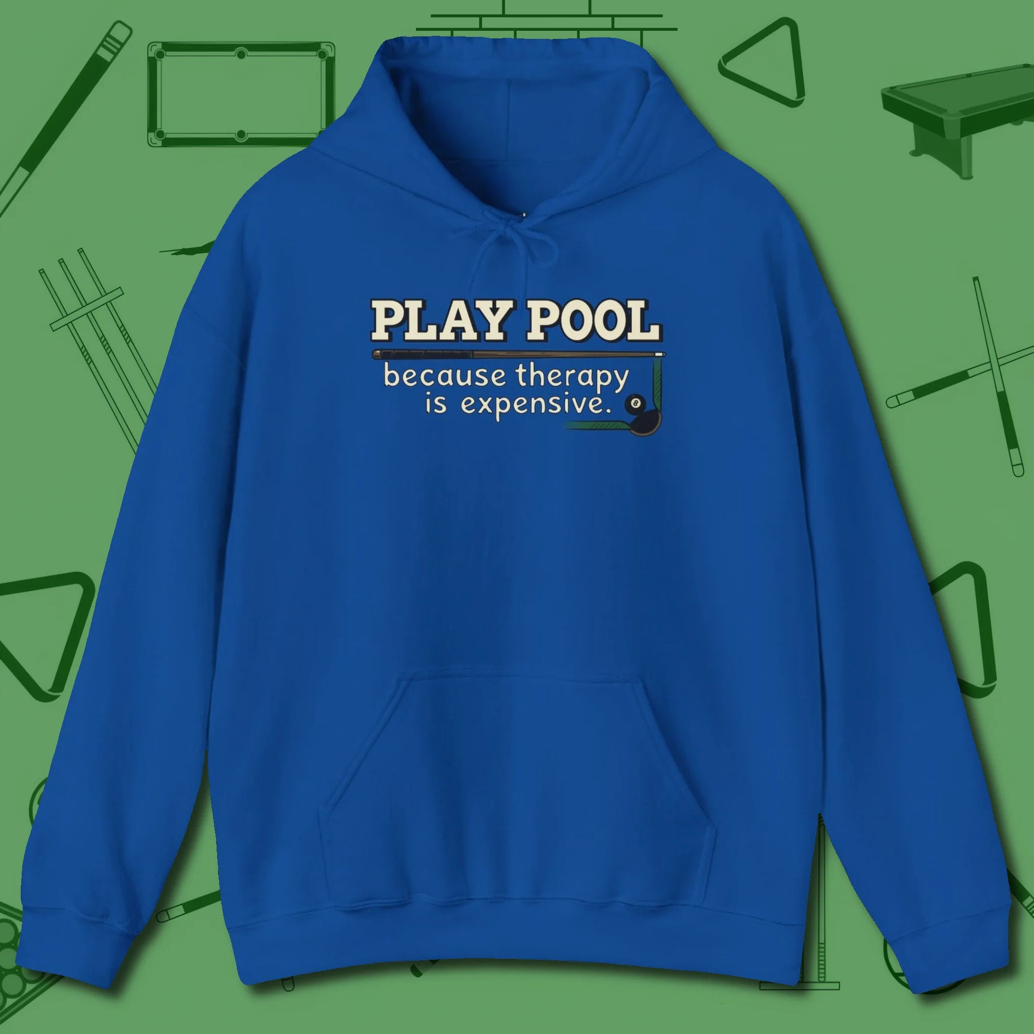 Play Therapy Hoodie, front view, in Royal where style and cue discipline collide