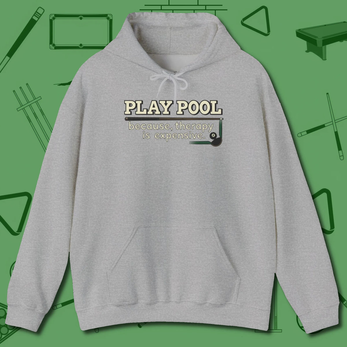 Play Therapy Hoodie, front view, in Sport Grey confidence stitched in every seam