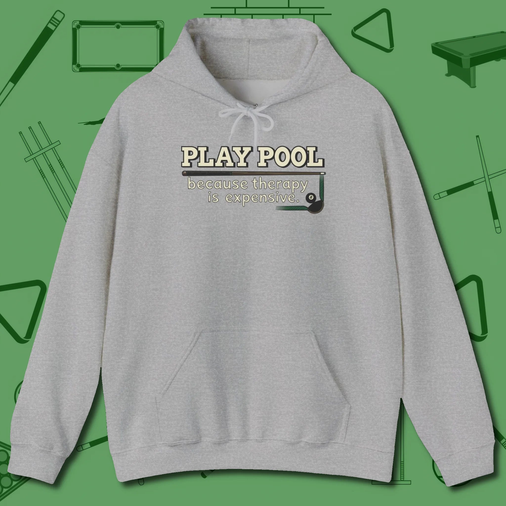 Play Therapy Hoodie, front view, in Sport Grey your go-to shirt for league night victories