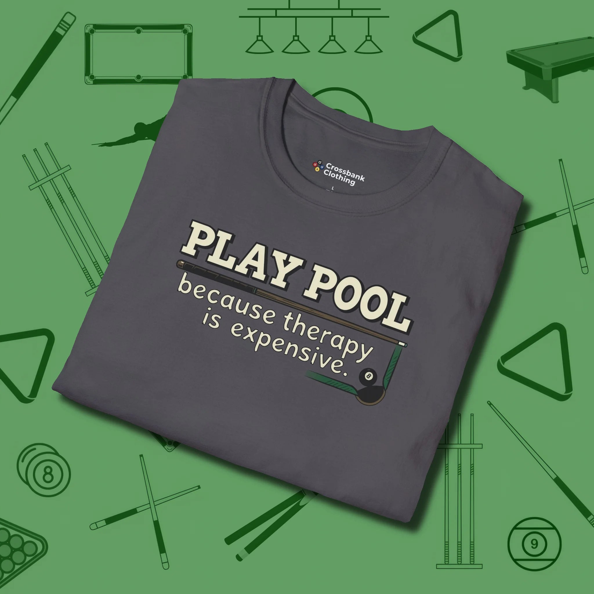 Play Therapy T-Shirt, folded view, in Charcoal break, run out, turn heads — repeat