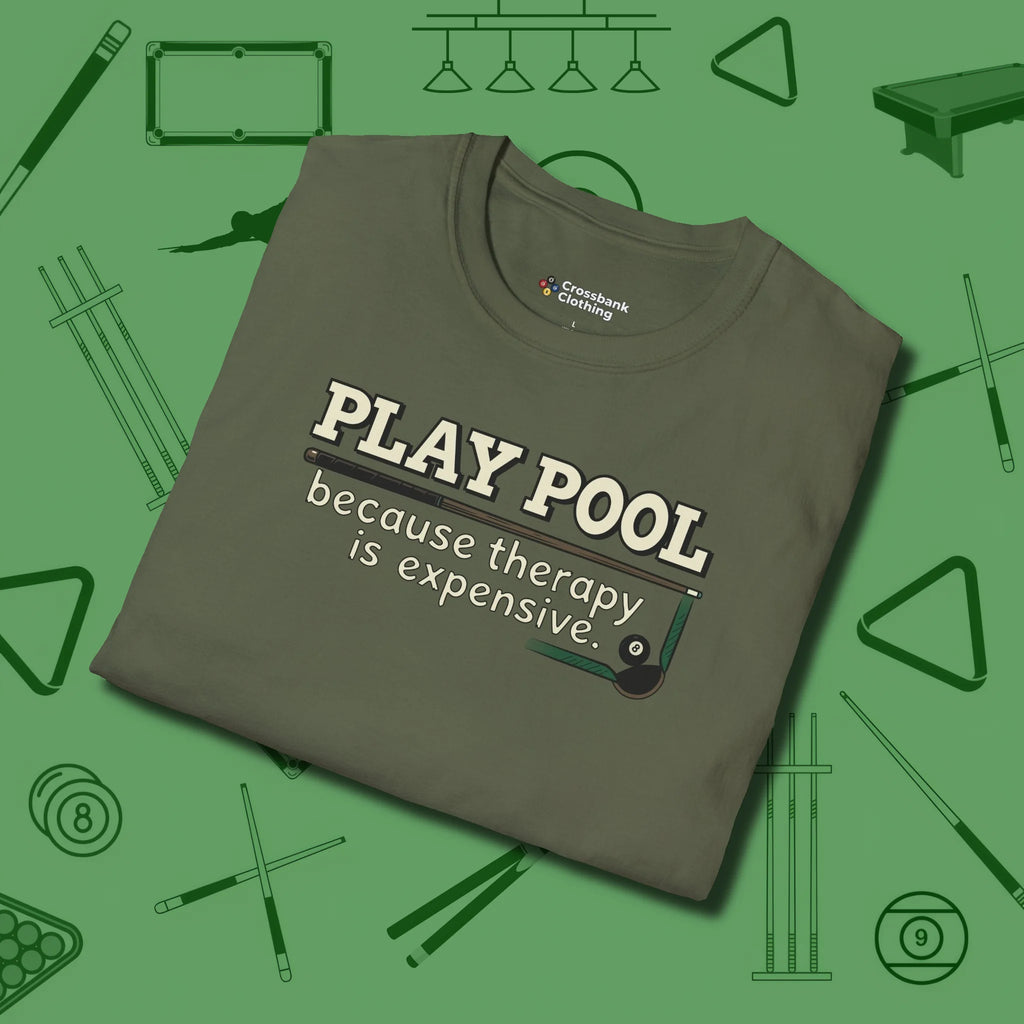 Play Therapy T-Shirt, folded view, in Military Green poolroom style with tournament attitude