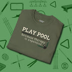 Play Therapy T-Shirt, folded view, in Military Green poolroom style with tournament attitude