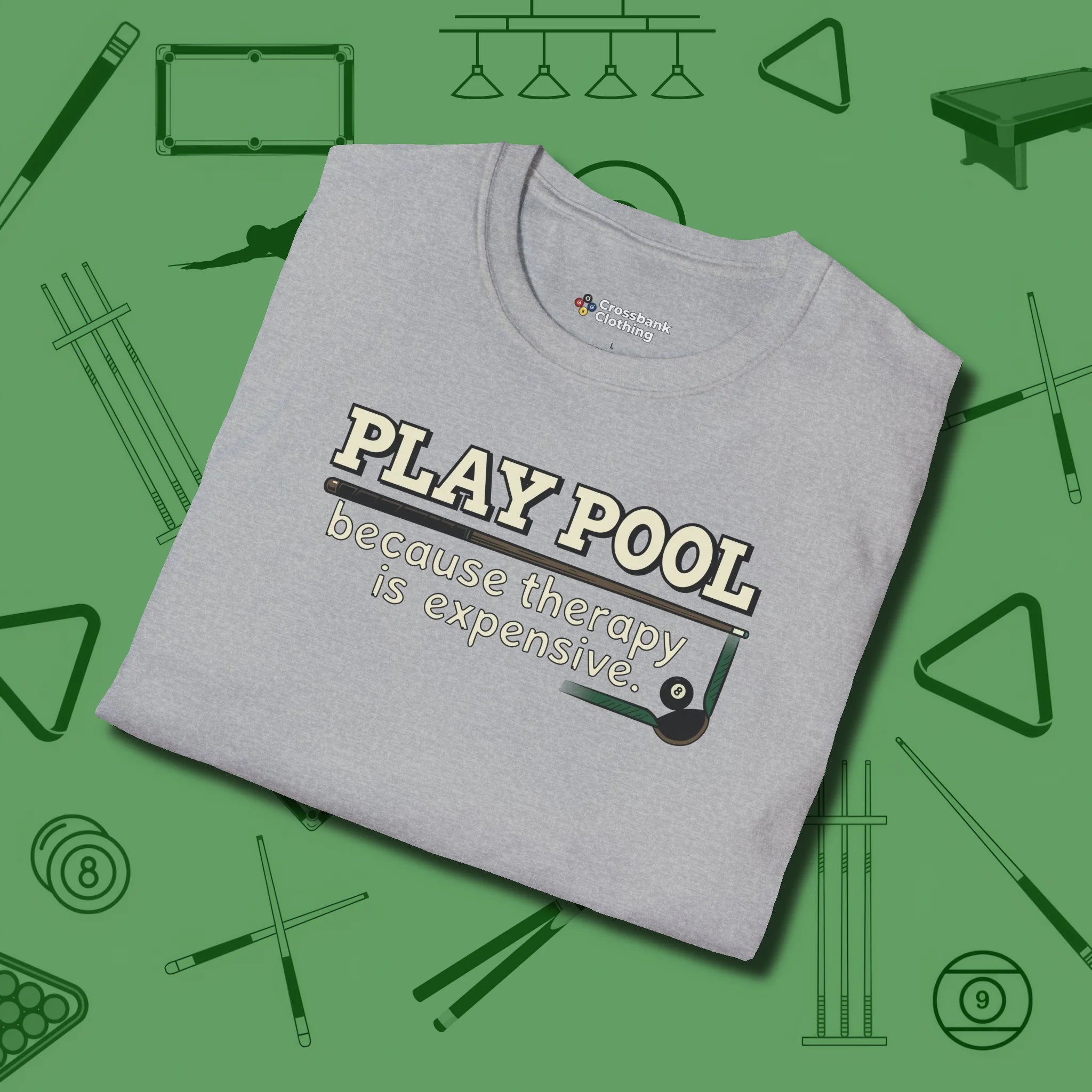Play Therapy T-Shirt, folded view, in Sport Grey stitched for cue discipline and cool confidence