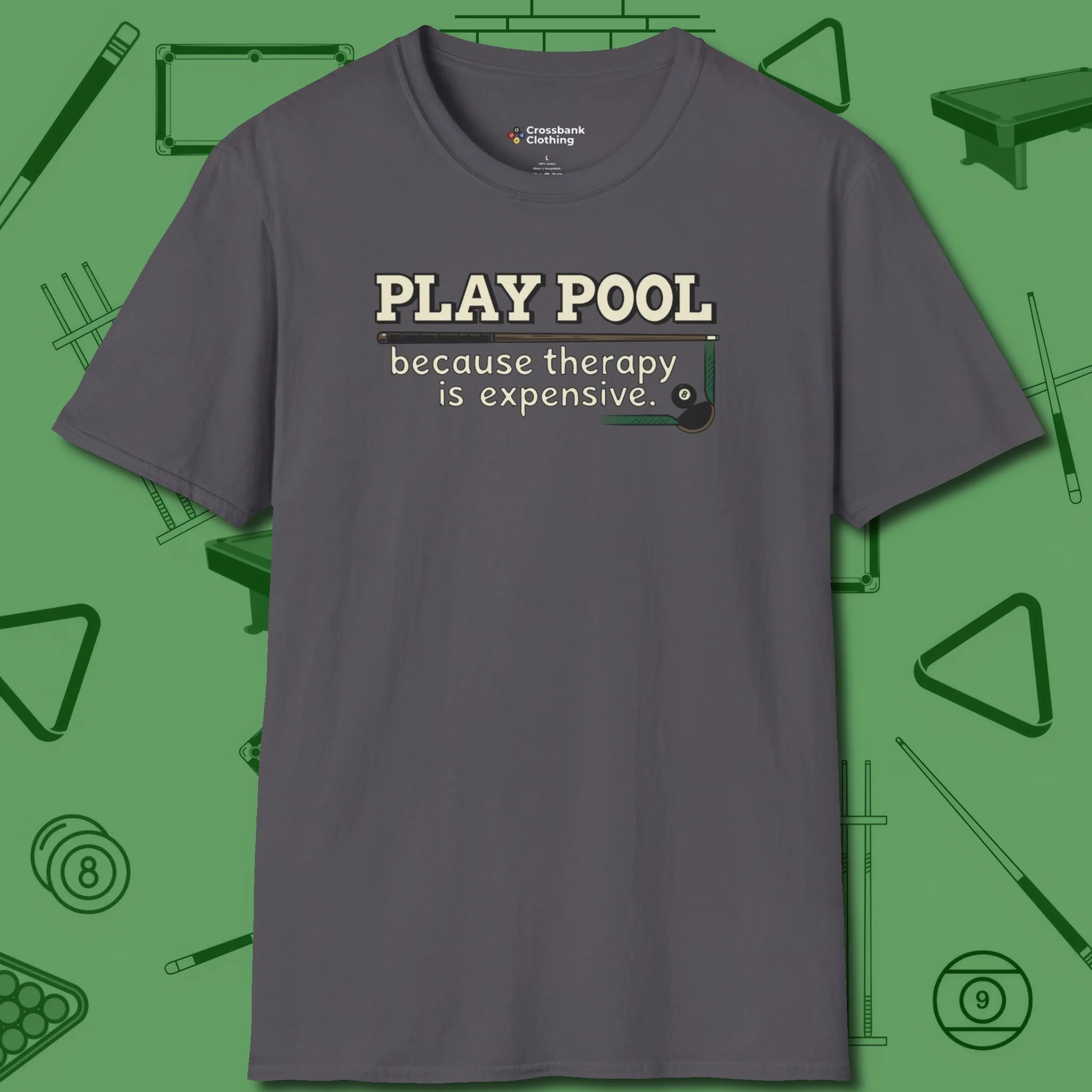 Play Therapy T-Shirt, front view, in Charcoal because you don’t just play — you represent