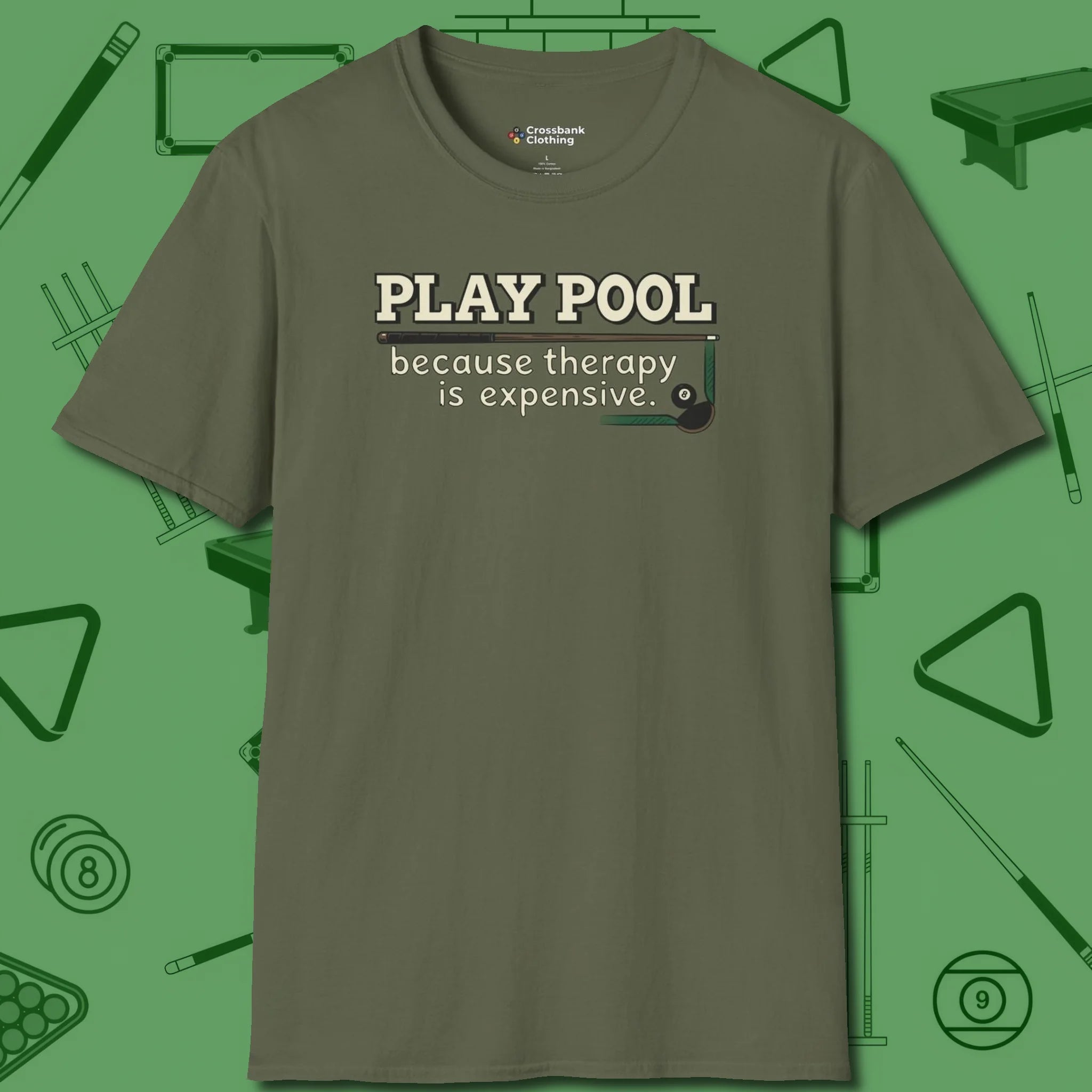 Play Therapy T-Shirt, front view, in Military Green as serious as your stroke