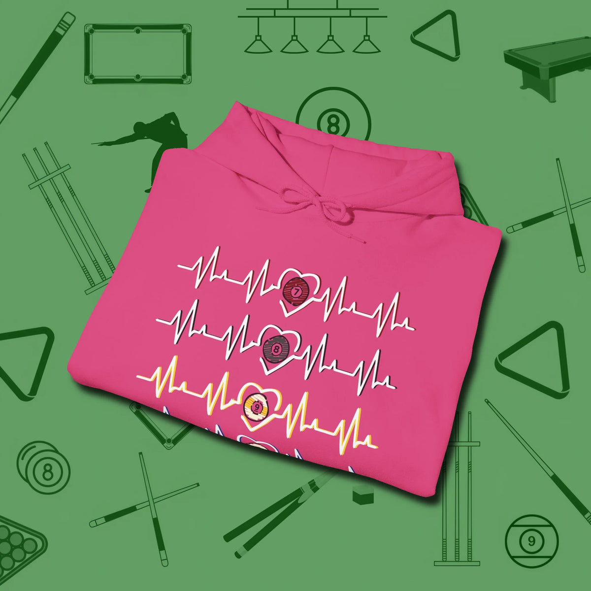 7, 8, 9, and 10 Heartbeats Hoodie, folded view, in Heliconia the shirt that plays position