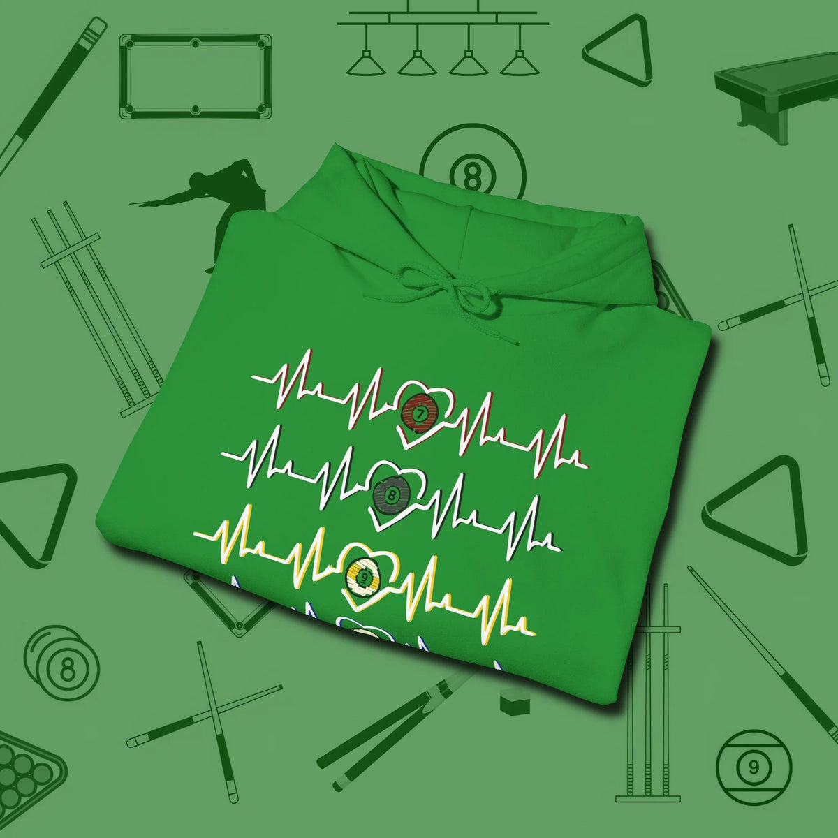 7, 8, 9, and 10 Heartbeats Hoodie, folded view, in Irish Green cue sports swagger done right