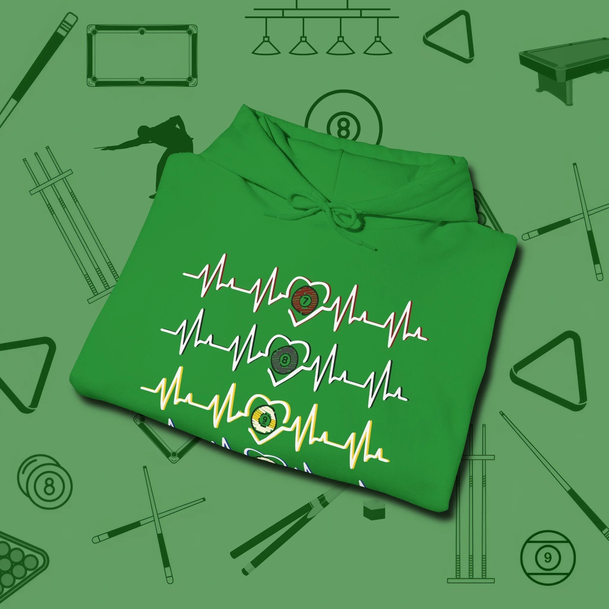 7, 8, 9, and 10 Heartbeats Hoodie, folded view, in Irish Green cue sports swagger done right