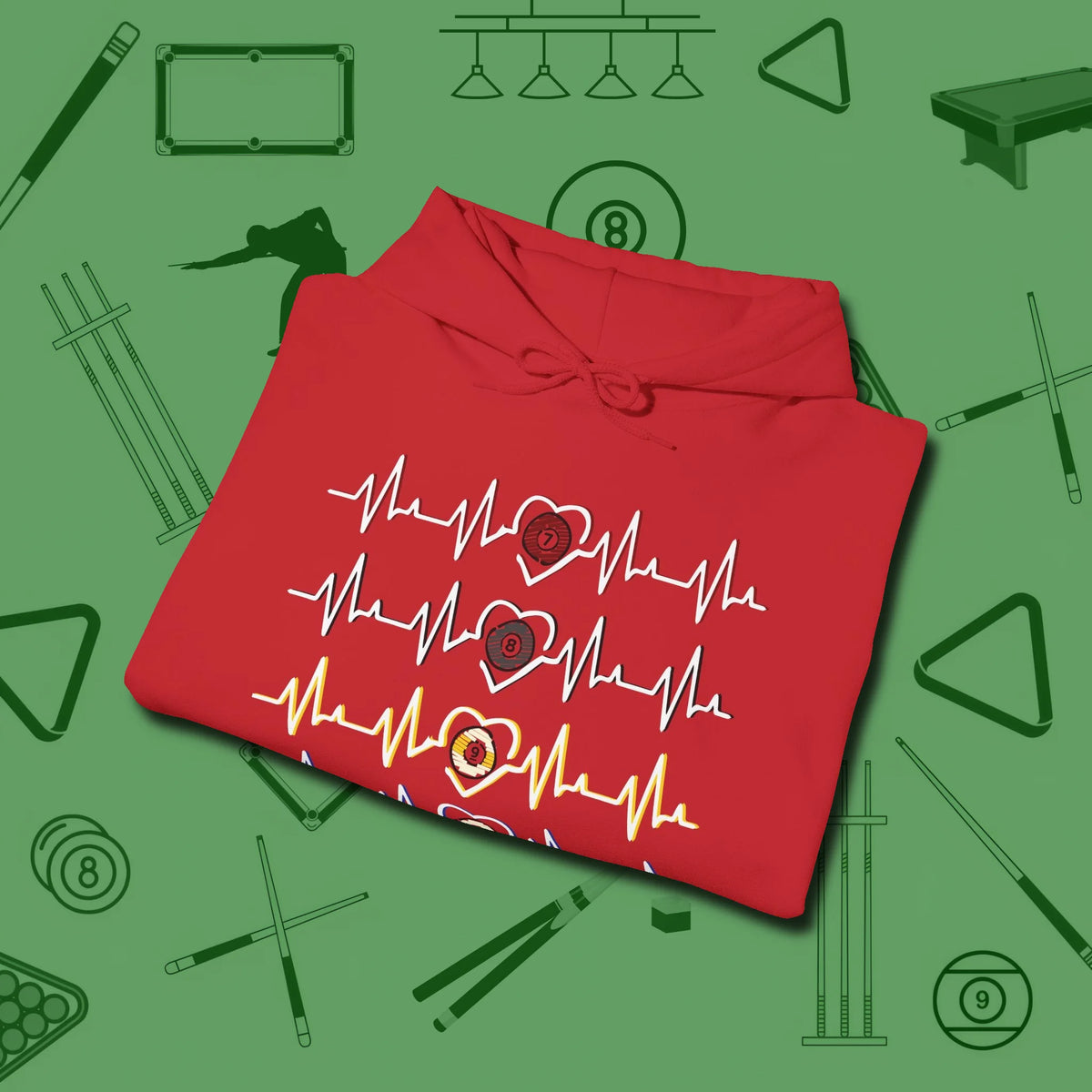7, 8, 9, and 10 Heartbeats Hoodie, folded view, in Red where cue control meets personal style